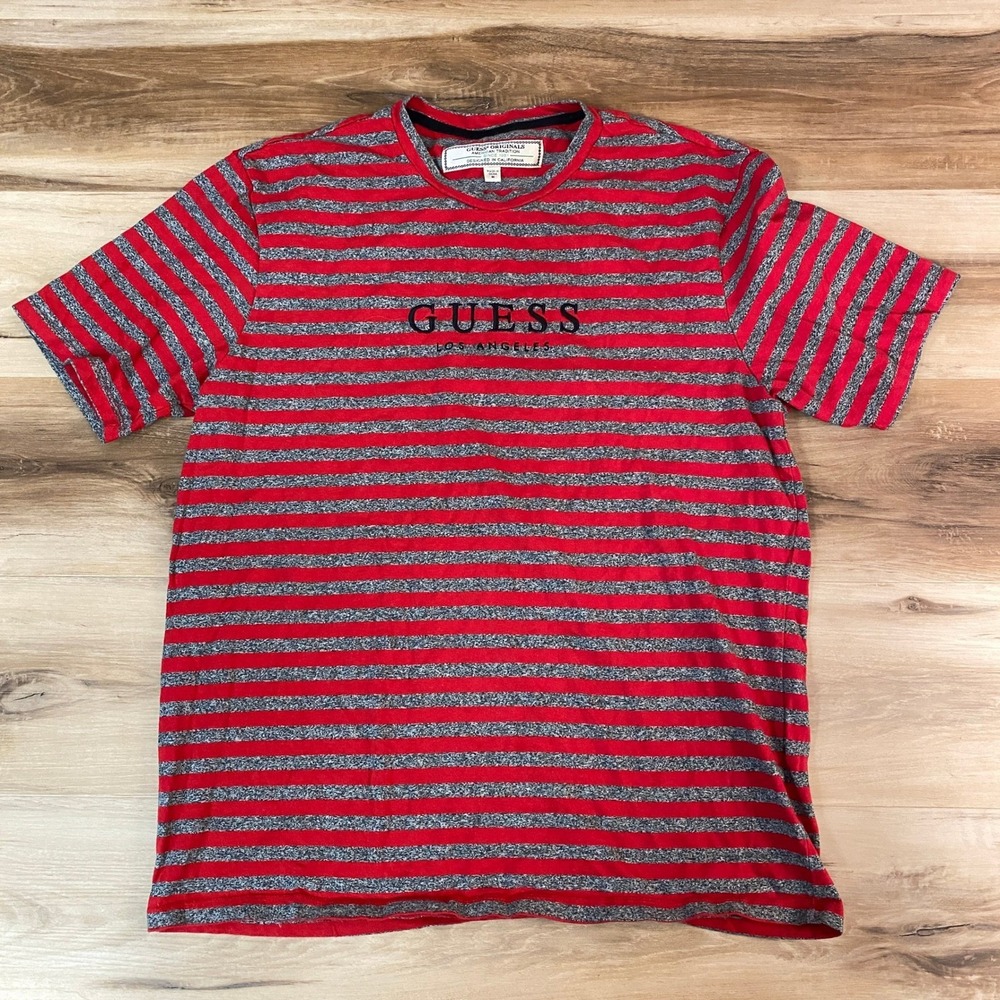 GUESS Originals Red Gray Striped Crew Neck T Shirt Men's Medium